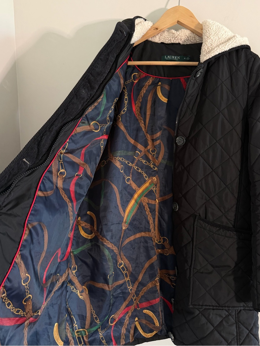 Lauren Ralph Lauren Women M Black Quilted Coat Faux Fur Hood Equestrian Lined - Picture 13 of 14